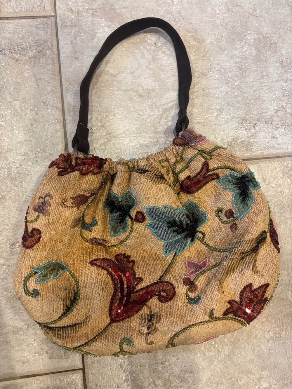 Vintage Embroidered Floral Shoulder Bag in Tan and Teal